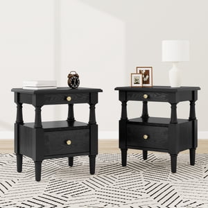 Nightstand Modern Set of 2 With Drawers Wooden Non-Slip Feet Bedroom Bedside Sofa Accent End Table For Small Spaces Living Room Furniture Black