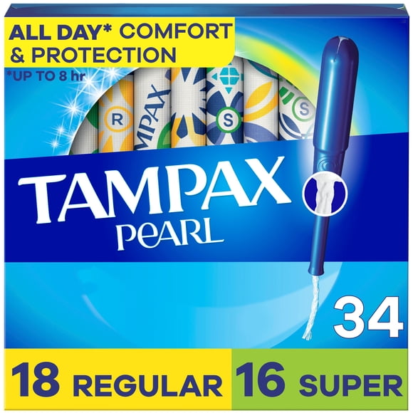 Tampax Pearl Tampons Multipack, with LeakGuard Braid, Regular/Super Absorbency, Unscented 34 count