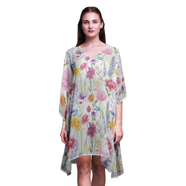 Bimba Caftan de Plage à Fleurs, Couvre-Maillot Bikini, Robe Midi pour Femmes, Caftan Court - TG-3X