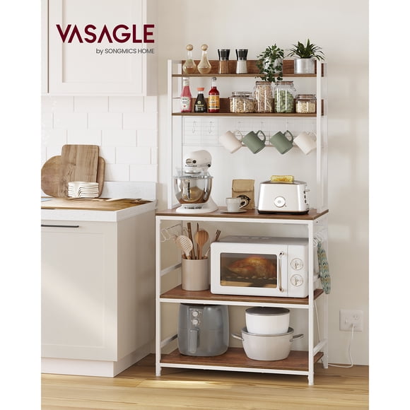 VASAGLE Bakers Rack with Power Outlet, Microwave Stand, Kitchen Tall Utility Storage Shelf, with Metal Wire Panel, 14 Hooks, 40 x 80 x 170 cm, Rustic Walnut and White
