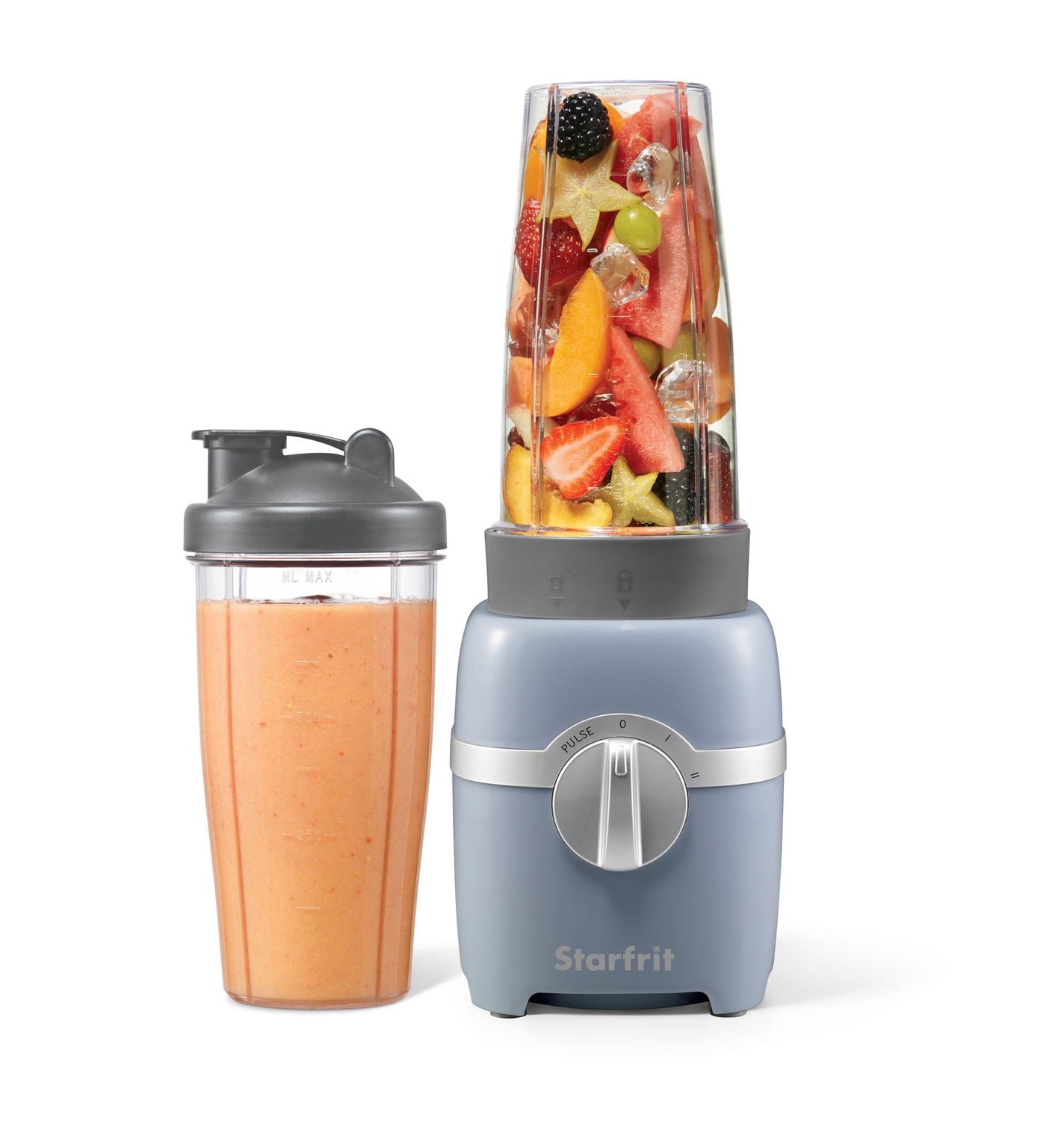Starfrit Personal Blender, Two 828ml Cups, High, Low & Pulse Modes, 300W, Perfect for Smoothies, Protein Shakes and Milkshakes, Grey