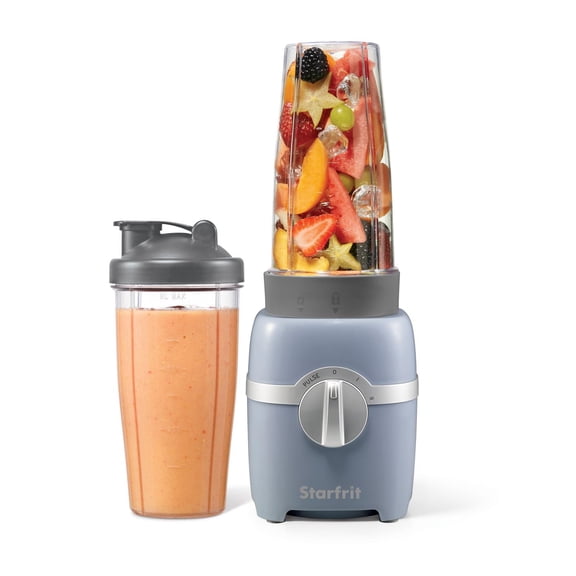 Starfrit Mélangeur personnel 6 pieces, 2 x 828ml Gobelets de Transport, 2 Couvercles, Modes Haut Bas & Impulsion, Idéal Pour Smoothies, Shakes, Gris