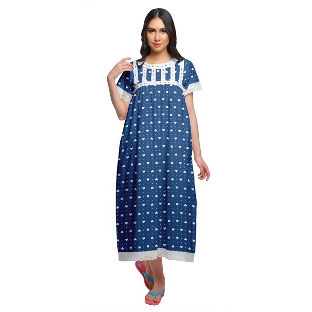 Moomaya Printed Nightdress For Ladies Cotton Ruffled Border Nursing Night Gown
