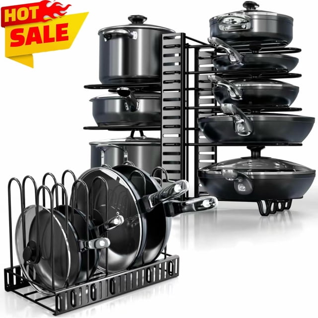 Pots and Pans Organizer Rack under Cabinet by Baking Rock, an 8-tier adjustable kitchen cabinet organizer designed for efficient cookware storage. The rack is displayed holding pots, pans, lids, and baking sheets in vertical and horizontal configurations. Constructed from heavy-duty iron with rubber-coated dividers for scratch protection and stability. Ideal for organizing kitchen storage and eliminating countertop clutter.
