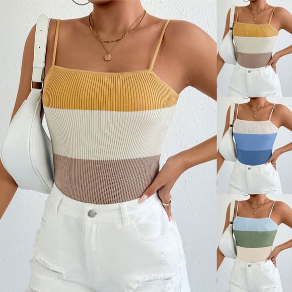 Brnmxoke Women's Spaghetti Strap Tank Tops Striped Print Sleeveless Cami Top Undershirts Summer Casual Knit Camisole Tops Green,M