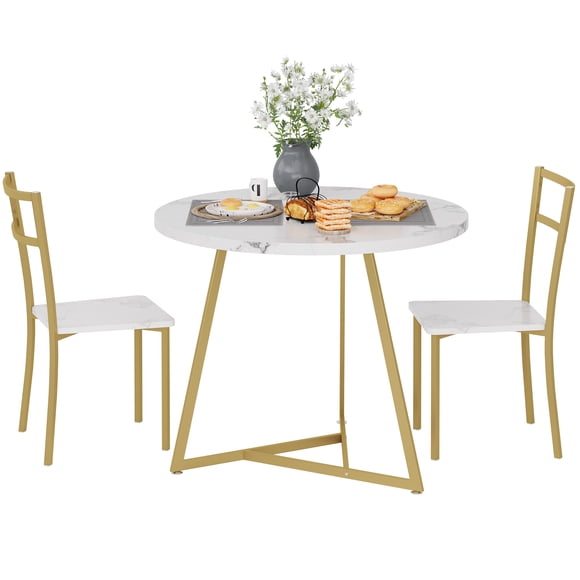 EastVita Round Kitchen Chairs for 2 Modern Dining Room Table Set for Small Space, Marble White and Gold