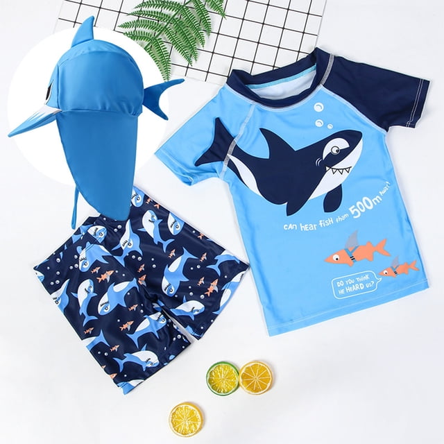 LSLJS Toddler Boy 3-Piece Swimwear Set Baby Boy Swimsuit Set Shark Bathing Suit Rash Guards Swimwear with Hat