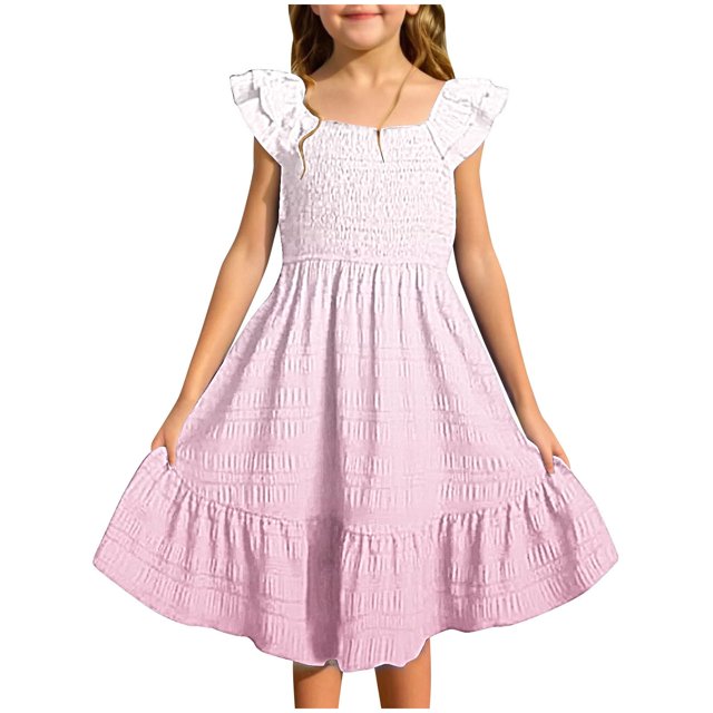 MIASHUI Robes pour Filles à Manches Volantées, Extensibles, Coupe Trapèze Évasée, Robe d'École, Rose Pâle, 4-5 Ans
