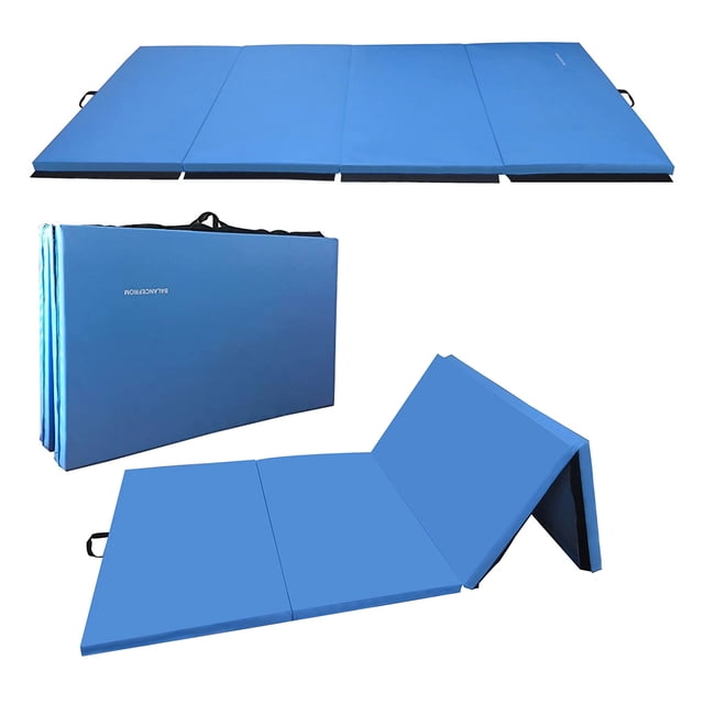 BalanceFrom 10ft x 4ft x 2in 4-Panel All-Purpose Folding Gymnastics Mat, Blue folded 3/4 view showing four blue vinyl panels folded to 4ft x 4ft x 8in with built-in carry handles, reinforced stitched seams, visible hook-and-loop edge strips and double-sided non-slip vinyl; 2-inch firm padding for tumbling, yoga, Pilates and home gym use; often used as a portable practice or play surface.