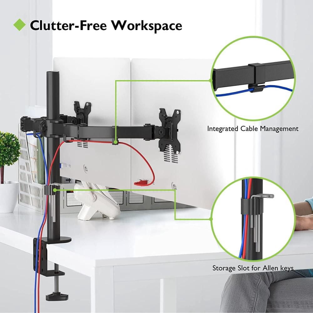 Techly Support de bureau à double moniteur à mouvement complet de 13" à 27" Inclinaison +/-90° Capacité de charge jusqu'à 10 kg x 2 VESA jusqu'à 100x100 mm, Noir
