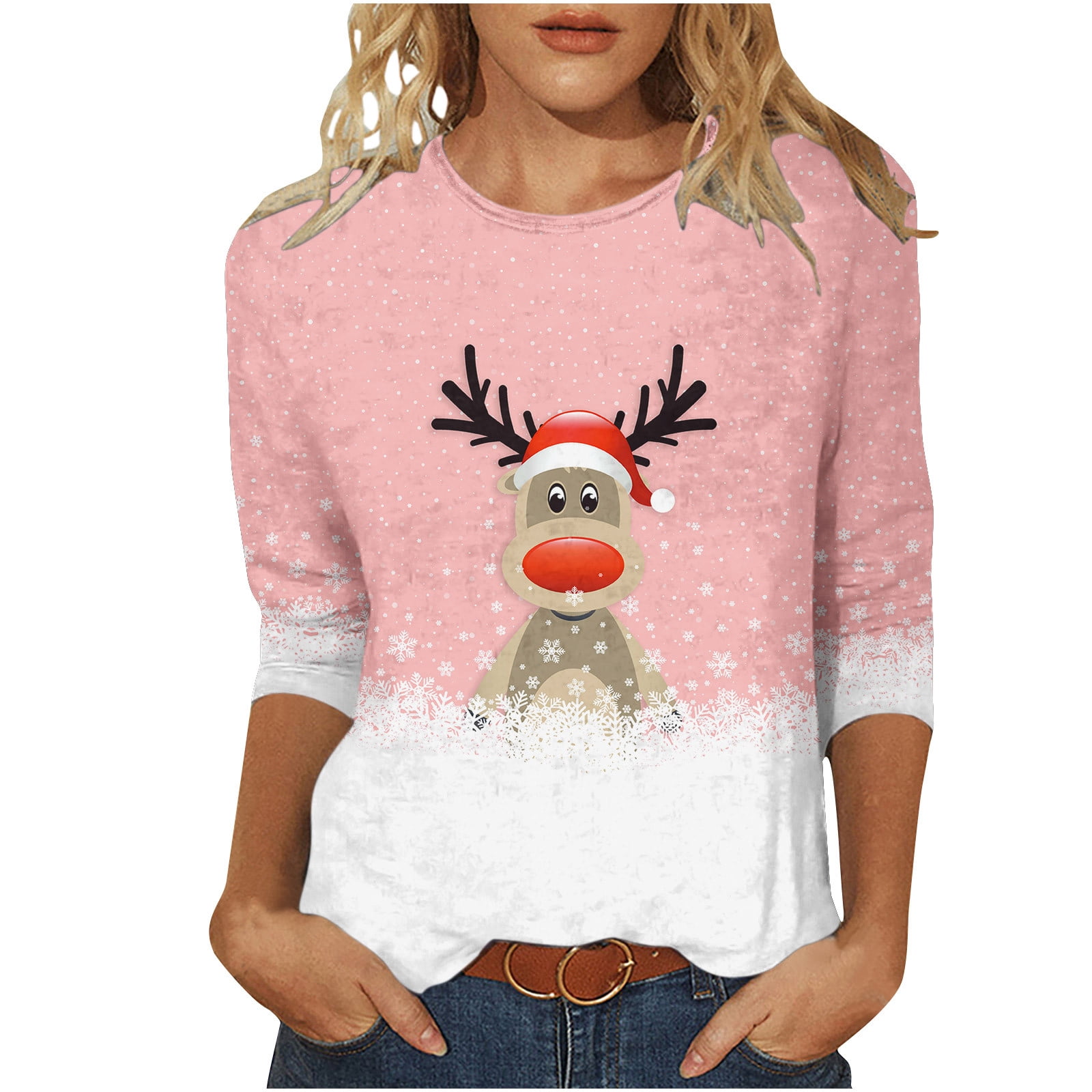 Women's Round Neck Three Quarter Sleeve Christmas Printed Top