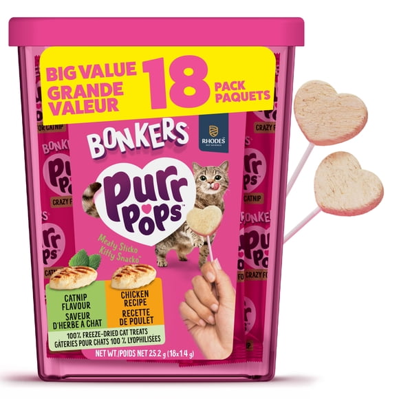 BONKERS Purrpops, Freeze Dried Chicken & Dried Catnip Lollipops Cat Treats, 18 pack