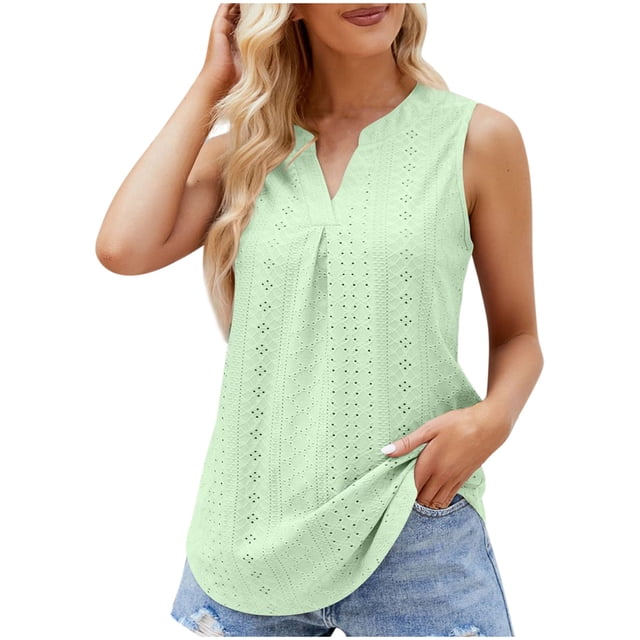 Timegard Womens Tank Tops Eyelet V Neck Ruched Tunic Tops Summer Beach Dressy Casual Solid Color Tee