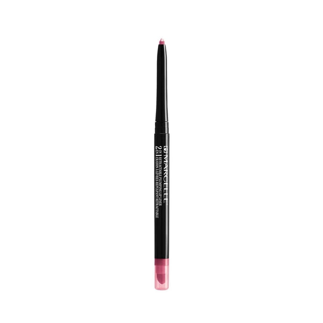 Marcelle 2-in-1 Retractable Plumping Lip Liner in French Rose, a slim black retractable pencil with a creamy gel-like pink tip and a transparent pink cap containing a built-in lip brush, enriched with Maxi-Lip Complex to soften lip contours and enhance volume for plump lips, suitable for on-the-go use.