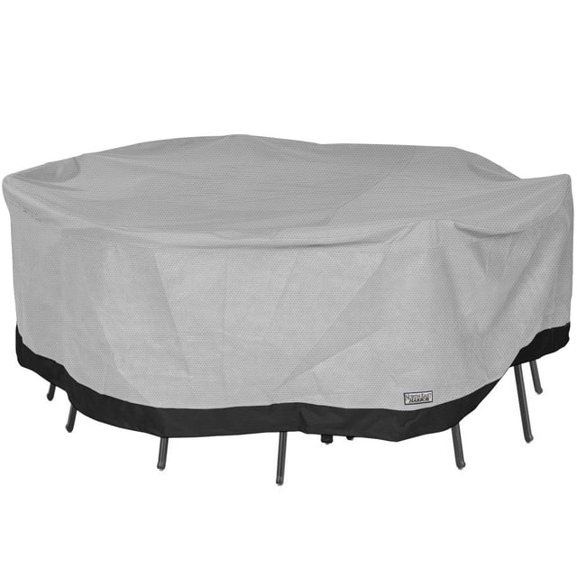 NEH Ensemble de Table et Chaises Rondes pour Patio Housse de Mobilier d'Extérieur en Gris avec Ourlet Noir, Conçu pour les tables et Chaises Rondes jusqu'à 76 Pouces de Diamètre et 29 Pouces de Hauteur. Fabriqué à Partir d'Un Matériau de Qualité Supérieure à 4 Couches Imperméable, Respirant et Résistant aux Intempéries, Protège les Meubles contre les Dommages Causés par le Soleil, la Pluie et la Saleté. Comprend des Pinces à Boucle à Dégagement Rapide, des Sangles d'Arrimage et un Ourlet à Cordon pour un Ajustement Sécurisé par Grands Vents. Comprend un Sac de Rangement et une Trousse de Patchs Adhésif