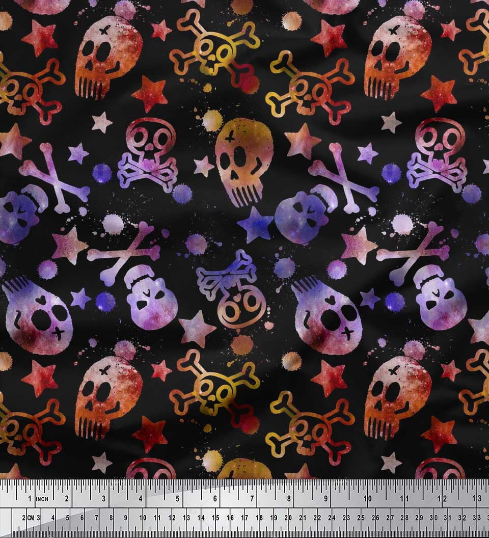 Soimoi Rayon Crepe Fabric Star,Crossbones & Skull Halloween Print Fabric by Yard 46 Inch Wide