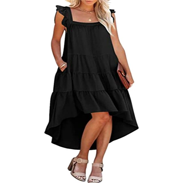 Women Summer Ruffled Sleeve Dress Contrast Color/Solid Color Square Neck Irregular Hem Dress for Beach Date