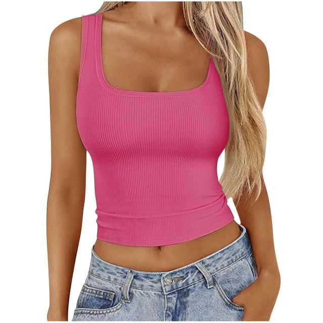 Timegard Tank Tops for Women Summer Ribbed Square Neck Sleeveless Slim Crop Tops Casual Going out Tops