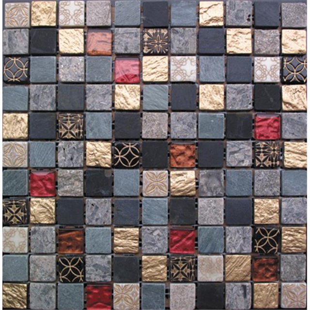 Intrend Tile 1 x 1 Pierre d'Or Royale et Verre Carré Gris-Noir-Brun et Or avec Accent Rouge