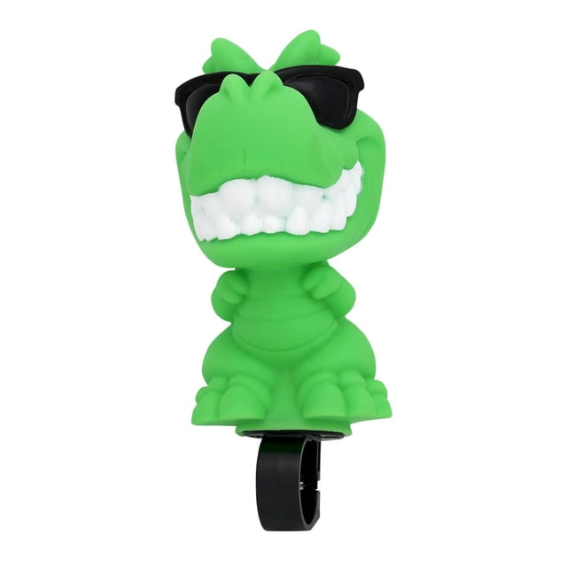 Bell Sports Raskullz Dinosaur Bicycle Horn Green showing a bright green 3D dinosaur with large white teeth and black sunglasses, mounted on an adjustable black plastic clasp for most bike handlebars, suitable for scooters and trikes.