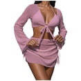 thumbnail image 1 of FRSASU Women's 4 Piece Swimsuit Fishnet Triangle Halter String Bikini Set with Cover up Top Skirt Split Swimsuit Set Pink M(M), 1 of 3