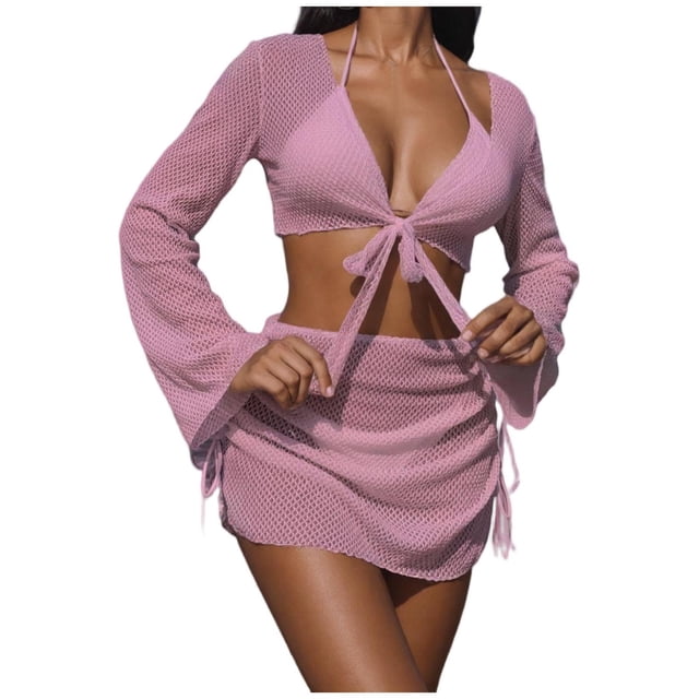 FRSASU Women's 4 Piece Swimsuit Fishnet Triangle Halter String Bikini Set with Cover up Top Skirt Split Swimsuit Set Pink M(M)