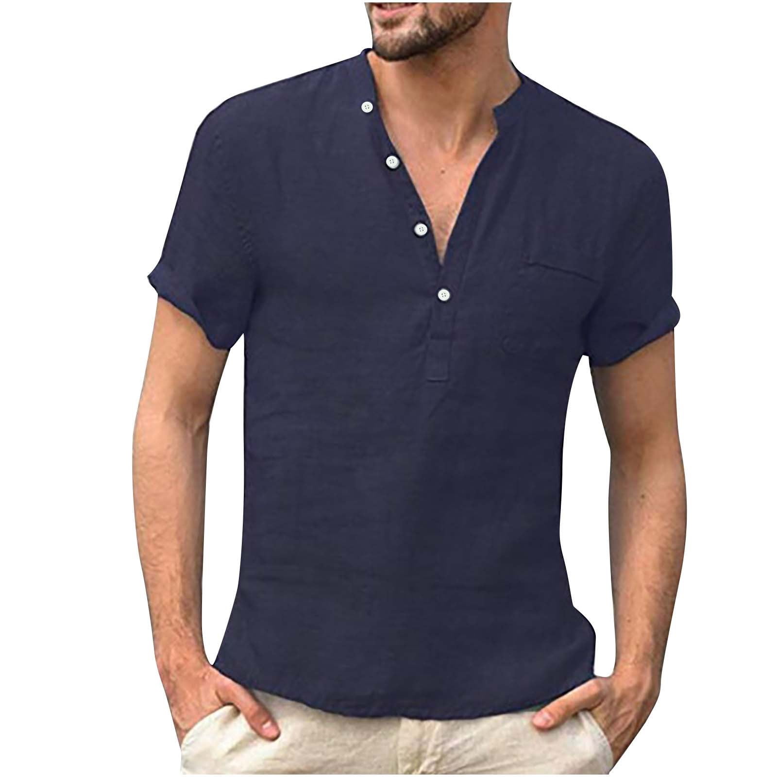 RKSTN Chemises pour Hommes Manches Courtes Chemise à Manches Courtes Été Décontractée Mode T-Shirt en Lin Rétro Col Montant Chemises Hawaïennes pour Hommes