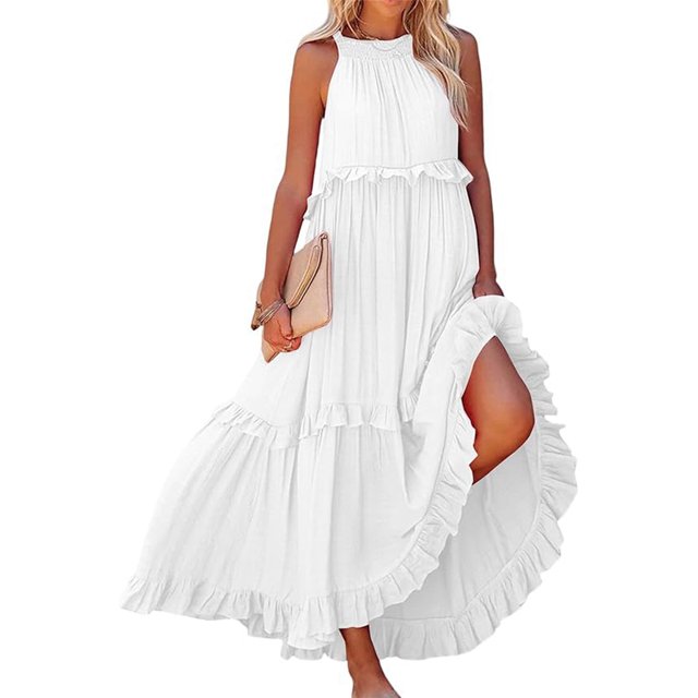 Robes d'Été pour Femmes 2025 Robe Maxi Sans Manches Décontractée Fluide à Volants Élégante Unie Robe de Soleil Blanche L