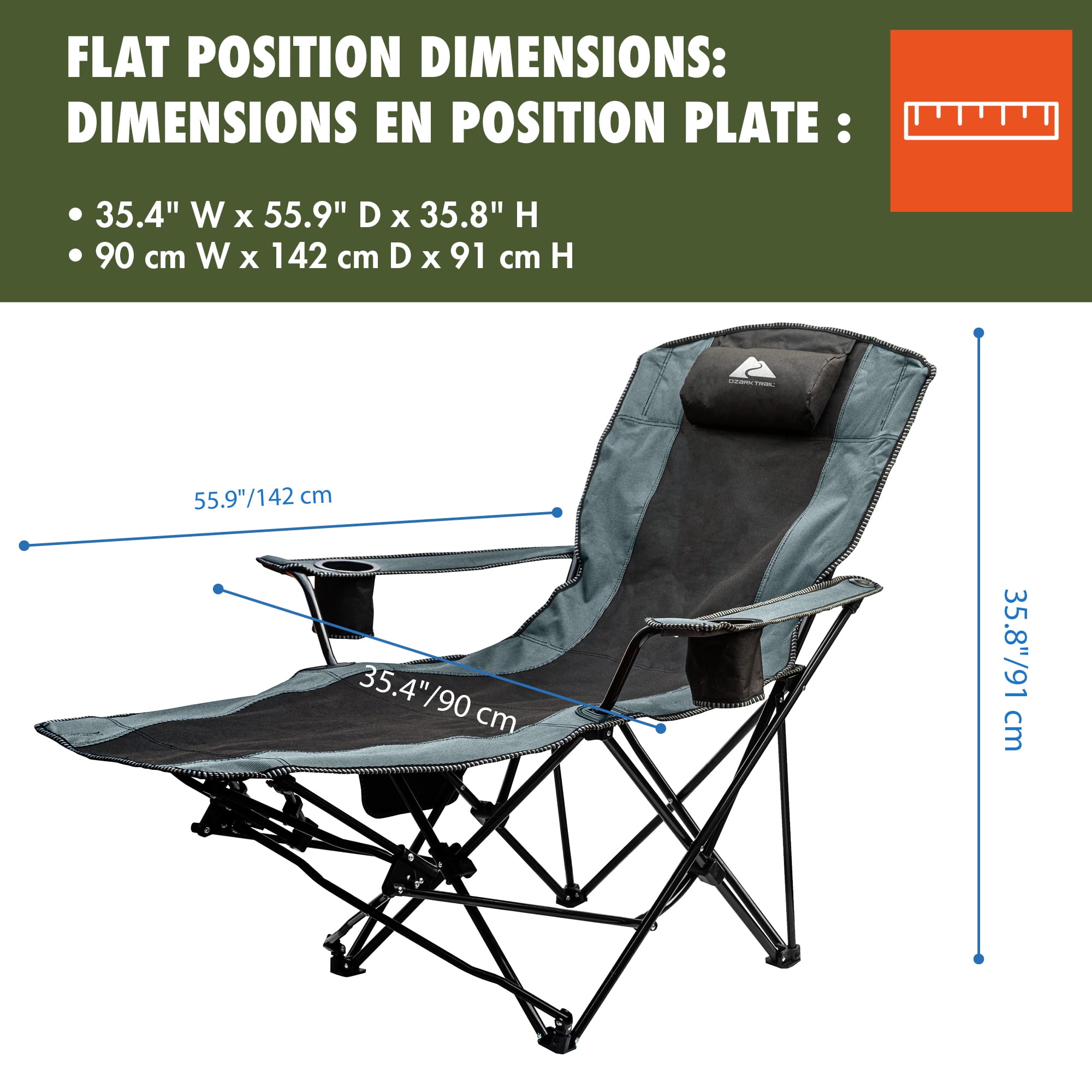 Chaise de détente pliante Ozark Trail, Capacité de charge : 136 kg (300lbs), Polyester 600D, Couleur noire