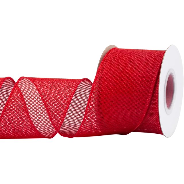 Joycrosso Burlap Wired Edge Ribbon, 2.5 inches wide and 10 yards long, in vibrant red. Made from faux jute material with soft iron wire edges for easy shaping. Features a durable, colorfast, and weather-resistant design, ideal for crafting, gift wrapping, wreaths, Christmas trees, and rustic wedding decorations. Packaged in a spool for convenient storage.