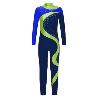 Kvysinly Combinaison Intégrale Brillante à Manches Longues pour Filles, Patinage Artistique, Gymnastique, Ballet, Danse, Justaucorps, Unitard, Bleu&Bleu Marine 14