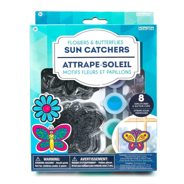 Trousse Assortie de Attrape-Soleil Fleurs et Papillons Comprenant 8 Moules Transparents en Plastique pour Fleurs et Papillons, 6 pots de Peinture, Ventouses et Cordon en Transit pour Suspendre aux Fenêtres, Convient aux Trousses d'Artisanat pour Enfants et aux Activités d'Arts et de Bricolage, dans une Boîte Bleue Bilingue Anglais-Français.