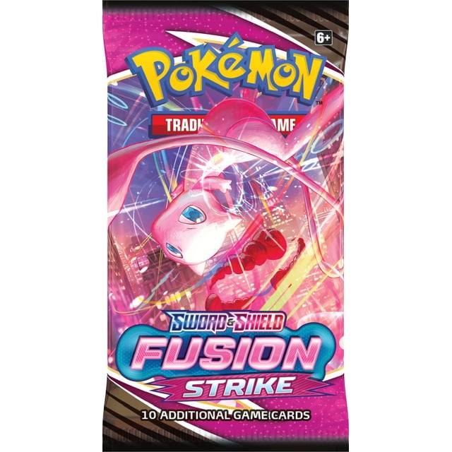 Pokemon JCC : Paquet Booster Fusion Strike Mettant en Vedette Mew dans une Illustration Néon Dynamique avec des Éléments de Paysage Urbain. Comprend 10 Cartes à Échanger et 1 Carte d'Énergie de Base, Partie de la Série Sword & Shield-Fusion Strike, Idéal pour les Collectionneurs et Joueurs de Pokemon.