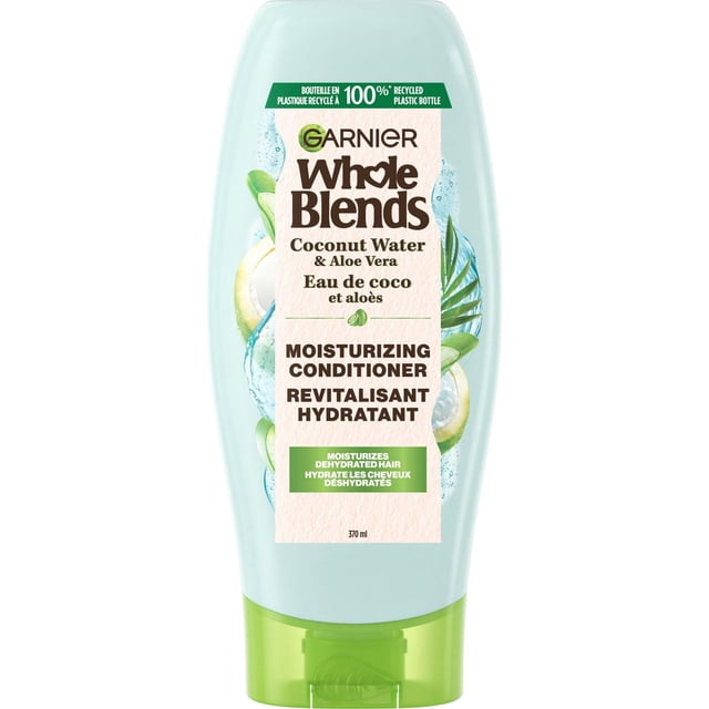 Whole Blends Coconut Water & Aloe Vera Conditioner in a 370 ml light blue plastic bottle with green flip cap, hydrating silicone-free formula for moisturizing dehydrated hair, labeled in English and French.