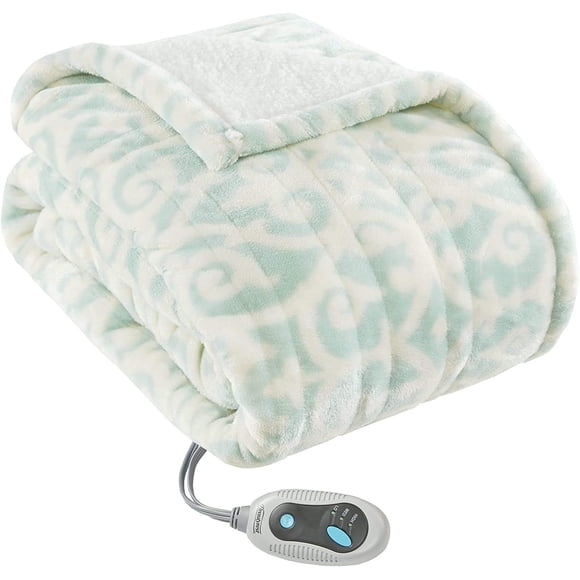 Beautyrest Couverture Poncho Électrique en Molleton Sherpa Berbère Ultra Douce, Jeté Chauffant avec Arrêt Automatique, 50 Po x 64 Po, Treillis Bleu Poussiéreux