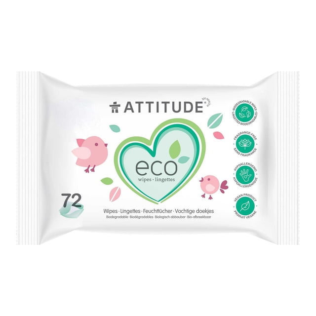 ATTITUDE eco baby wipes pack containing 72 biodegradable, unscented wipes designed for delicate baby skin, with a white package featuring a green heart logo and pink bird illustrations, highlighting fragrance-free, hypoallergenic, and vegan product features.