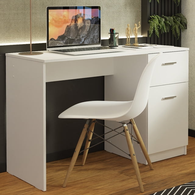 Madesa Compact Computer Desk Study Table for Small Spaces, designed for home offices, bedrooms, or study areas. This white desk features a 43-inch tabletop, a drawer, and a cabinet for organized storage. Made from durable particle board, it is ideal for computer work, writing, or gaming. Shown in a modern room setting with a laptop and accessories, it is also suitable for use as a vanity or in kids' rooms.