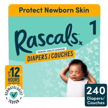 Rascals Premium Absorbent Baby Diapers, Size 1, Carton, 240 Count