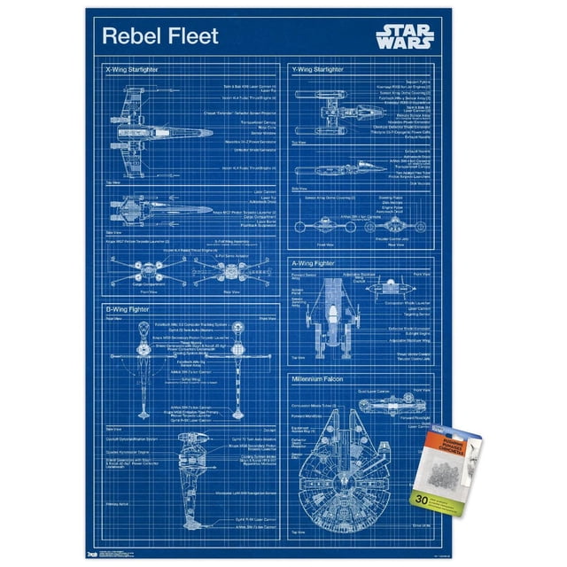 Star Wars : Saga - Affiche Murale de Plan Rebelle, 22,375 Pouces x 34 Pouces Montre des Schémas Techniques Détaillés de Vaisseaux de la Flotte Rebelle Incluant X-Wing, Y-Wing, B-Wing, A-Wing Fighters et Millennium Falcon en Lignes et Étiquettes de Plan Blanches sur Fond Bleu, Imprimée sur Papier Lustré pour une Oeuvre Murale Vibrante Idéale pour la Déco de la Maison Ou du Bureau.