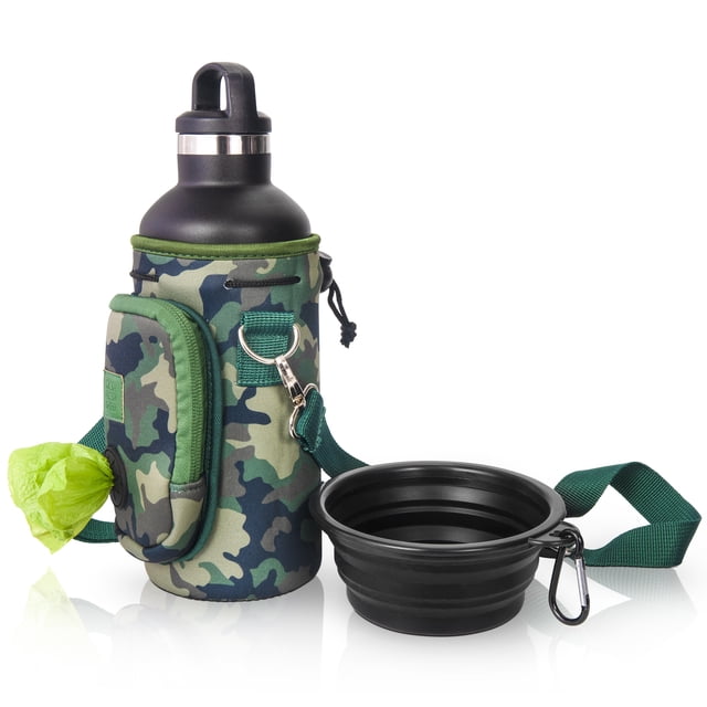Made Easy Kit Water Bottle Carrier with Pocket for Dog Poop Waste Bags and Adjustable Padded Shoulder Strap