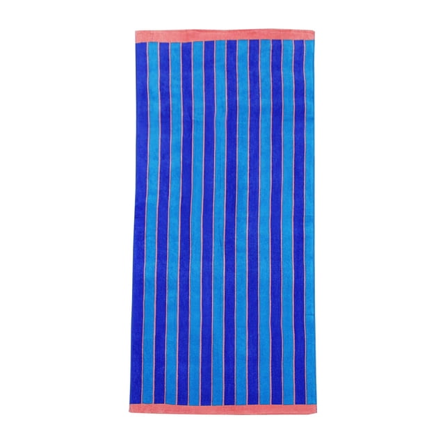 Mainstays Serviette de Plage Imprimée avec Rayures Verticales Bleues et Bleu Marine Séparées par de Fines Lignes orange et des Bordures Corail sur les Bords du Haut et du Bas, Fabriquée en Coton Doux et Absorbant 100 %, Mesurant 28 par 60 Pouces, Idéale pour Sécher Ou Se Détendre à la Plage Ou au Bord de la Piscine.