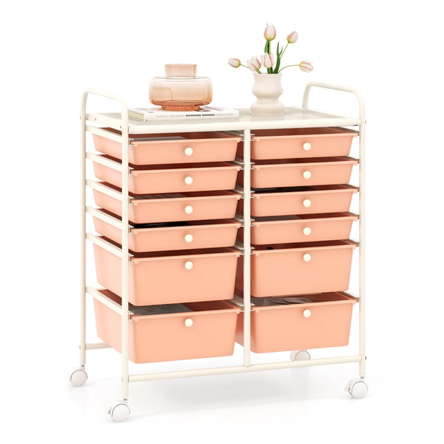 Gymax Chariot de Rangement Roulant à 12 Tiroirs en Rose Peau avec un Cadre en Acier Robuste et des Tiroirs en Plastique Semi-Transparents. Comprend 12 Tiroirs en Deux Tailles, de 2,5 Pouces et 4,5 Pouces de Hauteur, pour Organiser des Outils, des Fournitures d'Artisanat Ou des Articles de Bureau. Comprend un Cadre en Métal Blanc avec Quatre Roulettes, Deux d'Entre-Doigts Verrouillables pour la Stabilité. le Chariot Mesure 25 Pouces de long, 15 Pouces de Large et 29,5 Pouces de Haut, avec une surface Supérieure pour un Rangement Ou une Exposition