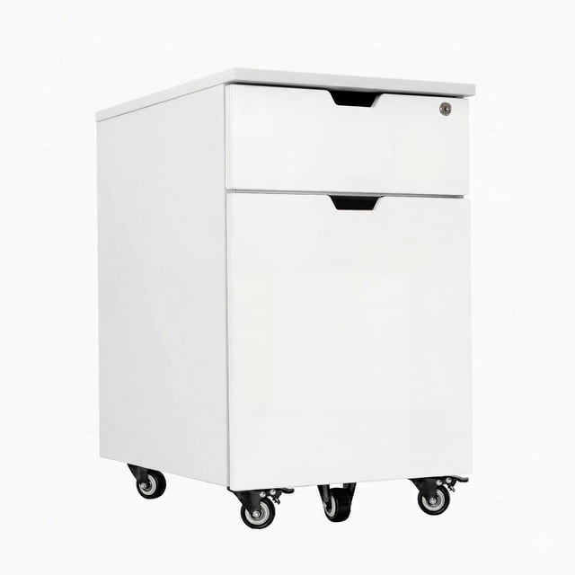 Desky Wooden Minimal Filing Cabinet - White / White Laminate