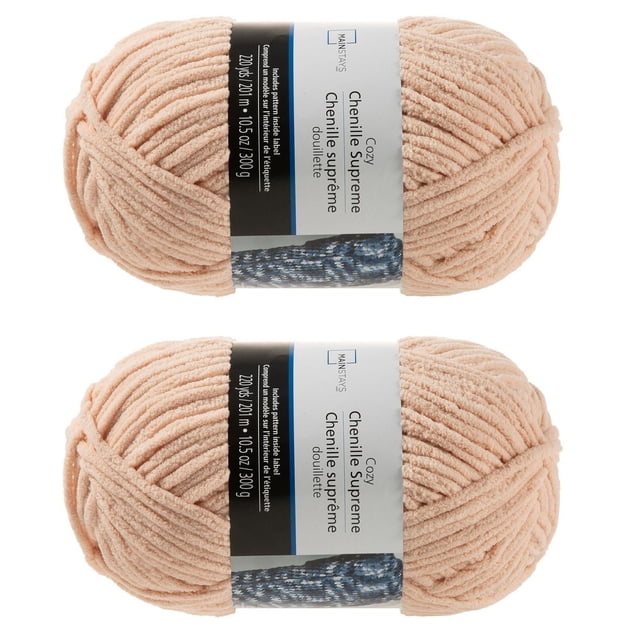 MAINSTAYS 2 PACK CAMEO ROSE YARN with two skeins of chenille supreme yarn in a soft cameo rose colour, each containing 220 yards (201 meters) of ultra-soft 100% polyester yarn weighing 10.5 ounces (300 grams), ideal for knitting cozy blankets, scarves, and plush crafts.