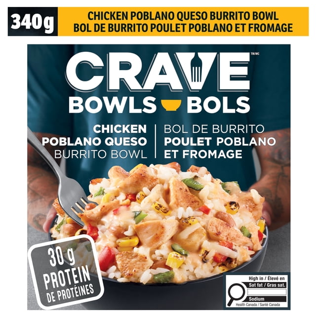 CRAVE Chicken Poblano Queso Burrito Bowl 340 g box showing a black bowl filled with white rice, grilled chicken breast, fire-roasted poblano peppers, corn, red bell peppers, and melted queso cheese, held by tattooed hands with a fork, containing 30 grams of protein per serving and no artificial colours or flavours.