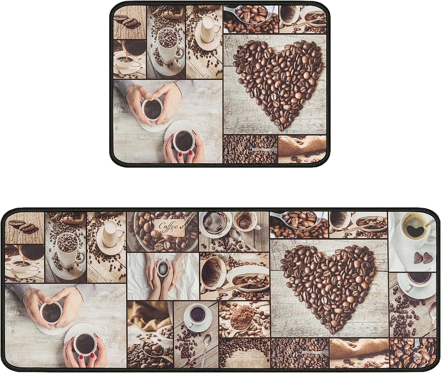 Coffee Kitchen Rugs Non-Slip Kitchen Mat Set of 2 Washable Kitchen Rug Runner Rubber Backed Kitchen Floor Mats Coffee Decor