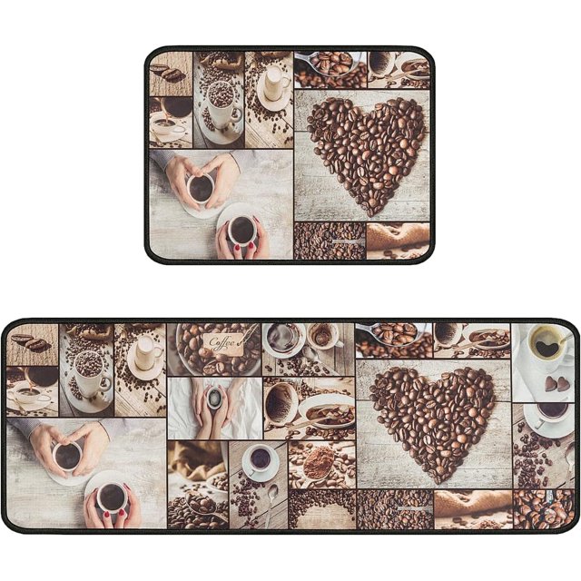 Coffee Kitchen Rugs Non-Slip Kitchen Mat Set of 2 Washable Kitchen Rug Runner Rubber Backed Kitchen Floor Mats Coffee Decor