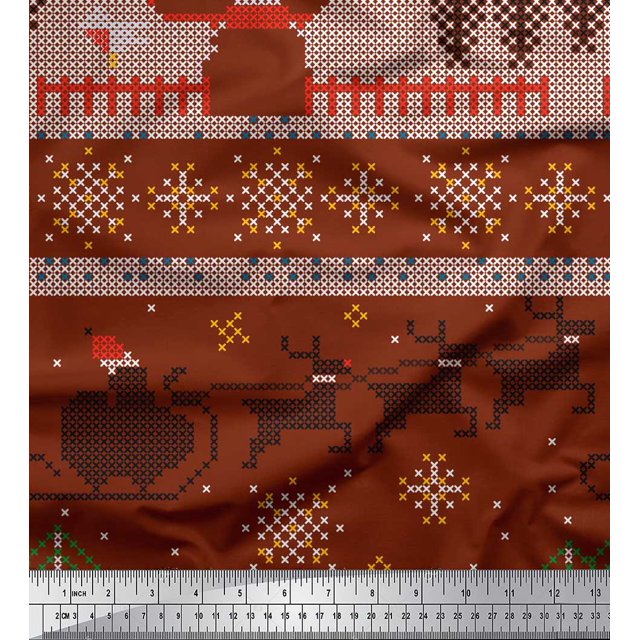 Soimoi Poly Georgette Fabric Cross Stitch Christmas Fabric Prints By Yard 42 Inch Wide
