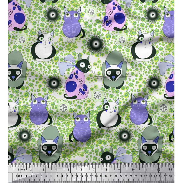 Soimoi Rayon Crepe Fabric Spiral,Floral & Cat Cartoon Decor Fabric Printed Yard 46 Inch Wide