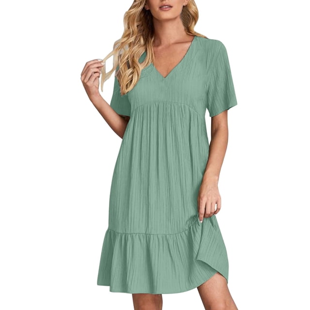 Soldes du Printemps 2024!Hontri Robes pour Femmes Robe d'Été Robes en Lin pour Femmes Robe T-Shirt Décontractée Manches Courtes Col en V Robe Midi Ligne A Vert Menthe,TG